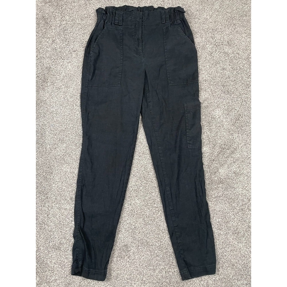 Elevenses Pants Womens Small Anthropologie Black Paperbag Tapered Cargo Linen